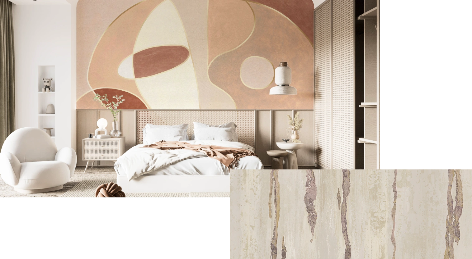 Teracotta geometric wallpaper for bedroom area